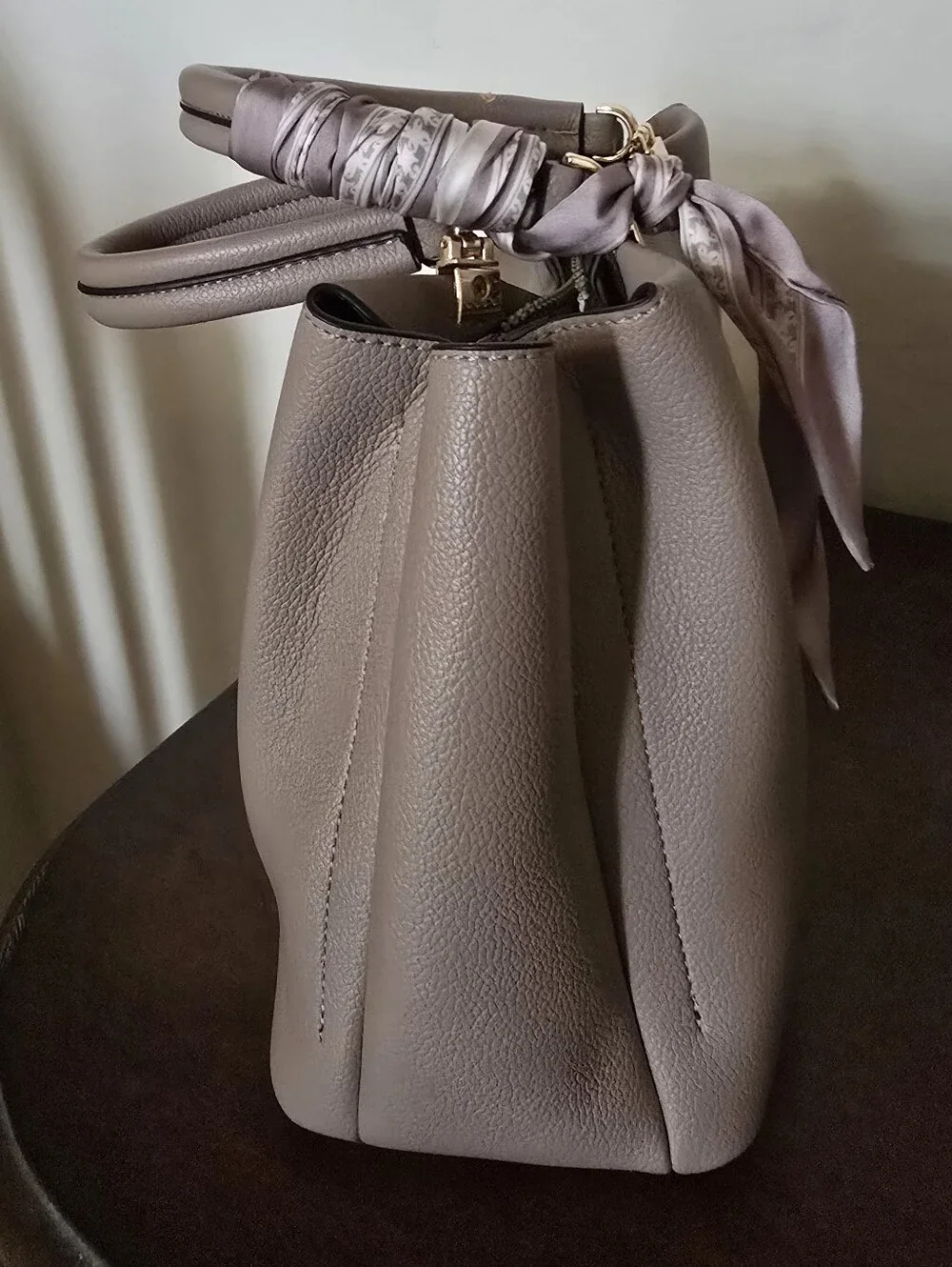 Badgley Mischka Taupe Leather Top-Handle Satchel with Scarf Accent